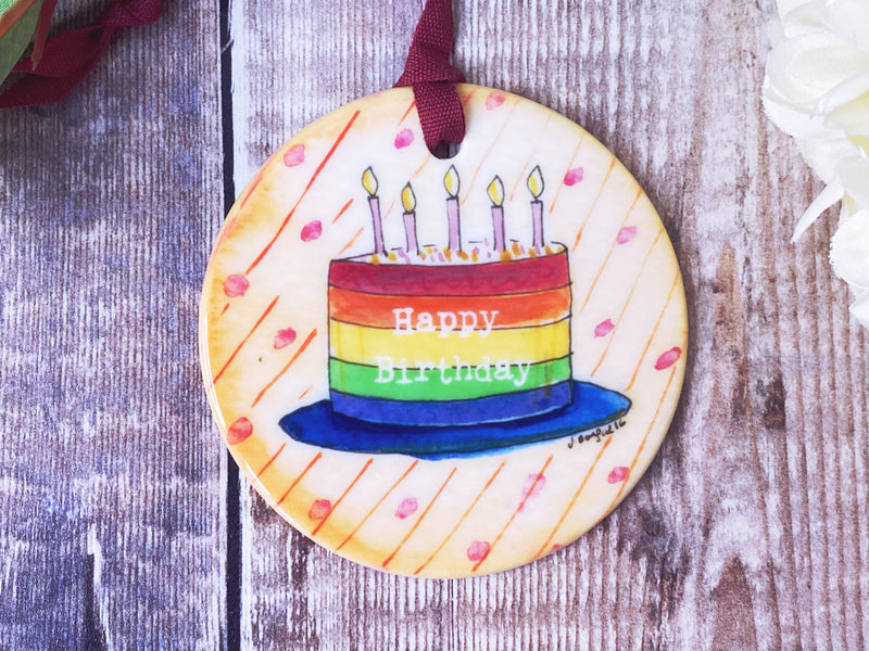 Happy Birthday Cake Ceramic Hanging Decoration