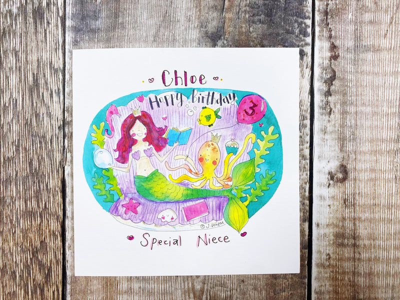Pink Mermaid Happy Birthday Card - Personalised