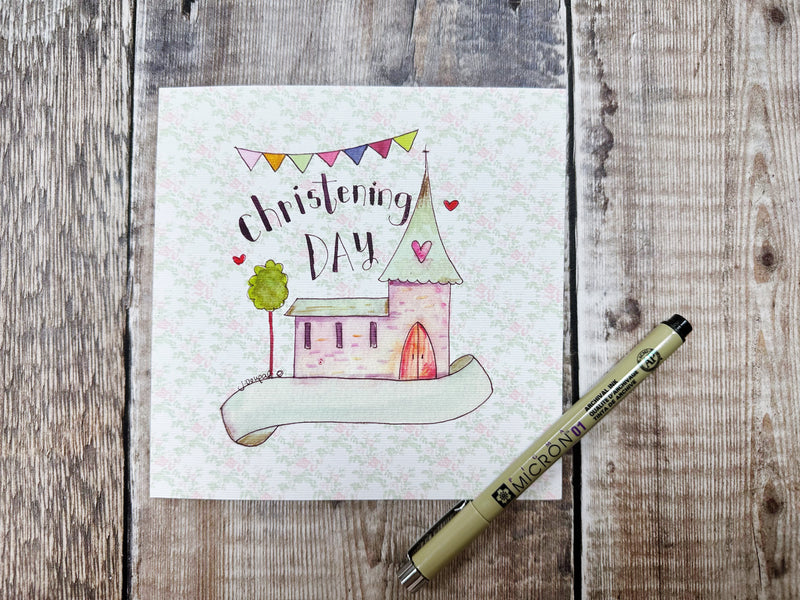 Floral Background Christening Day Little Church Card- Personalised