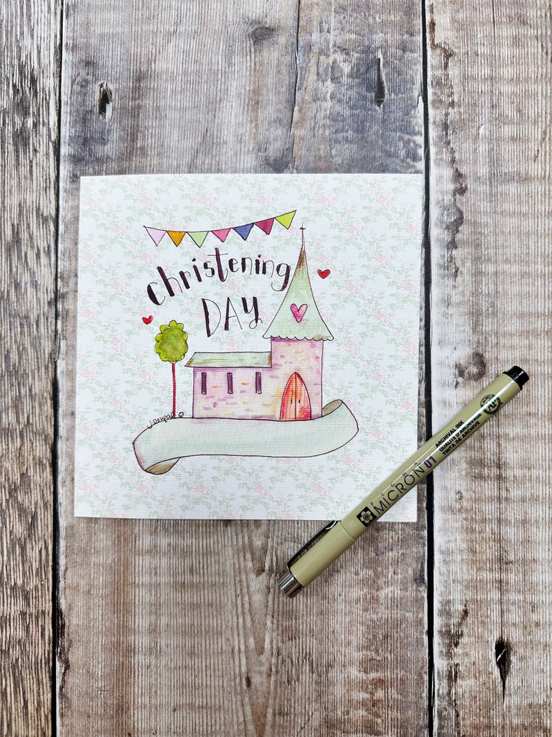 Floral Background Christening Day Little Church Card- Personalised