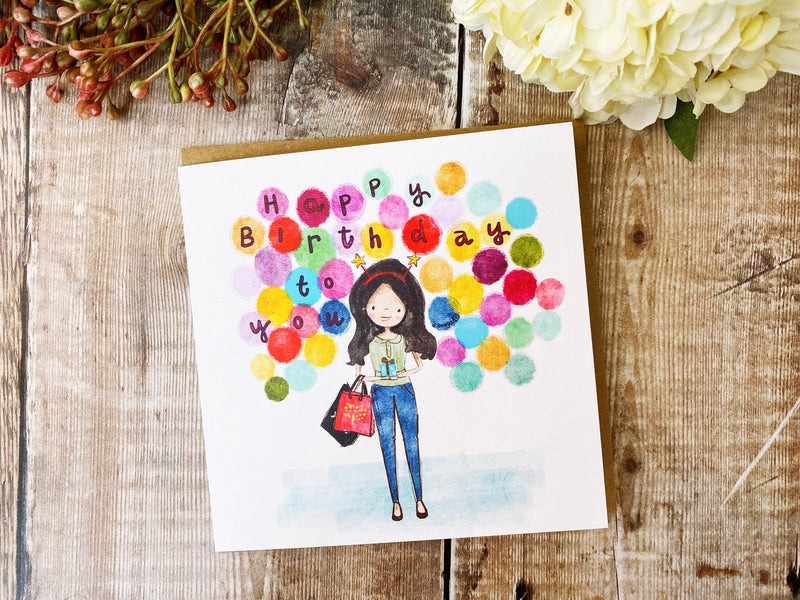 Girl with balloons Card - Personalised