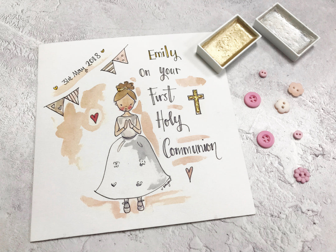 Gold Cross, First Holy Communion, Girl Card - Personalised