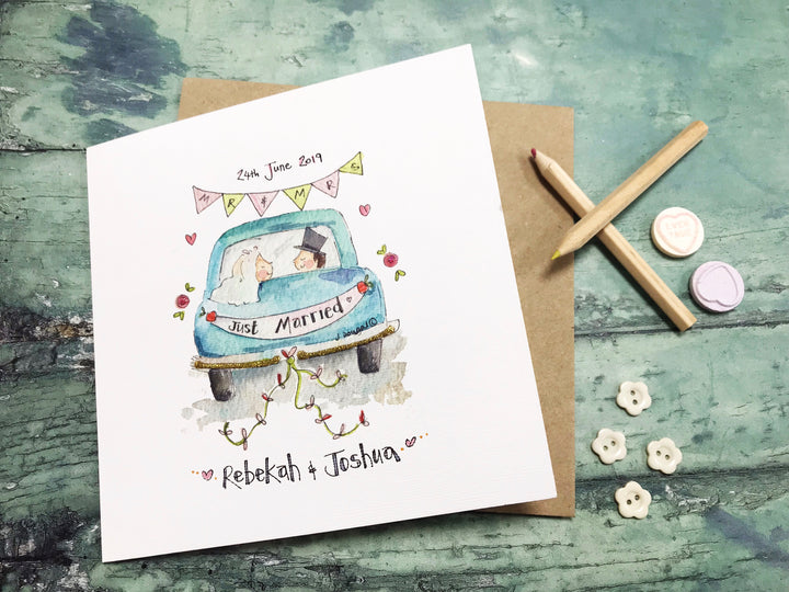 Just Married Little Car Wedding Card- Personalised