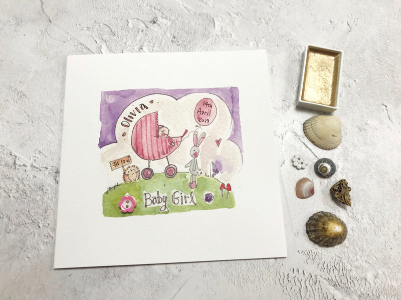 Baby Girl with Pram Card- Personalised