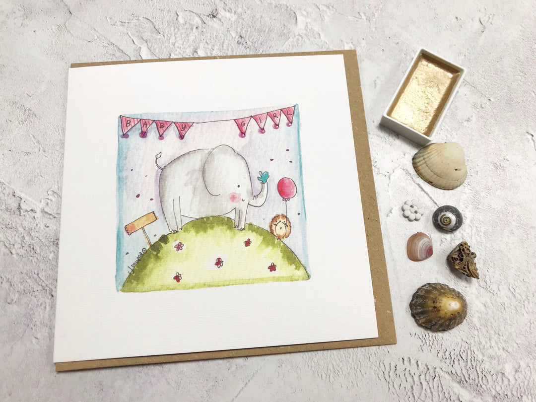 Baby Girl Card - Elephant - Personalised