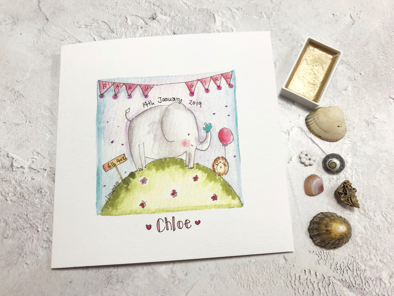 Baby Girl Card - Elephant - Personalised