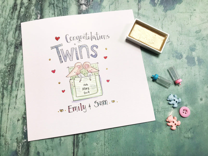 Baby Twin Mice Card - Personalised