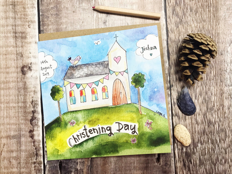 Christening Day Scene Little Church Card- Personalised